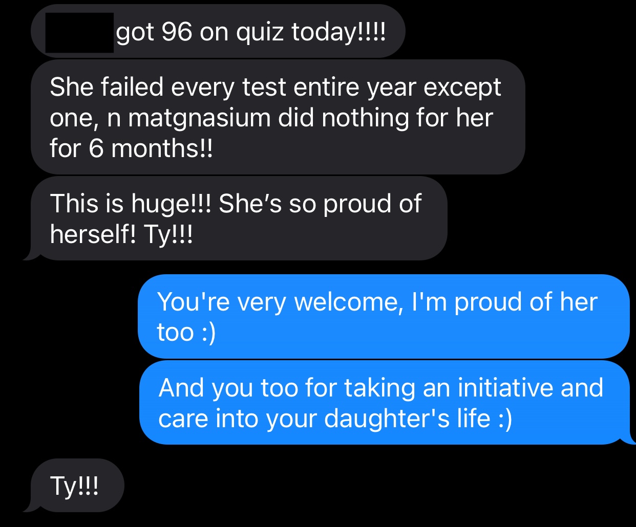 Parent text: 'Got 96 on quiz today! ...'