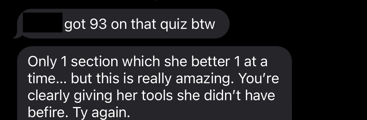 Parent text: 'Only 1 section which she better 1 at a time...'